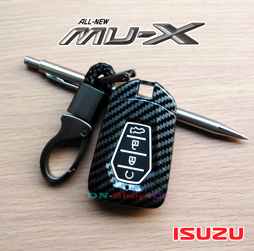 ISUZU รุ่น All New MU-X (สมาร์คีย์ 4ปุ่ม) เคสเคฟล่าหุ้มกุญแจรีโมทรถยนต์ กรอบเคฟล่า ครอบกุญแจ (สีดำ-แดง-น้ำเงิน)