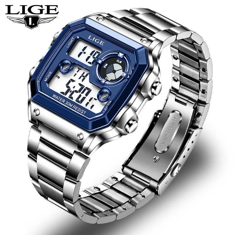 LIGEนาฬิกาผู้ชายนาฬิกาดิจิตอลแฟชั่นสำหรับผู้ชายมัลติฟังก์ชั่นส่องสว่างกันน้ำกีฬานาฟิกาข้อมือ