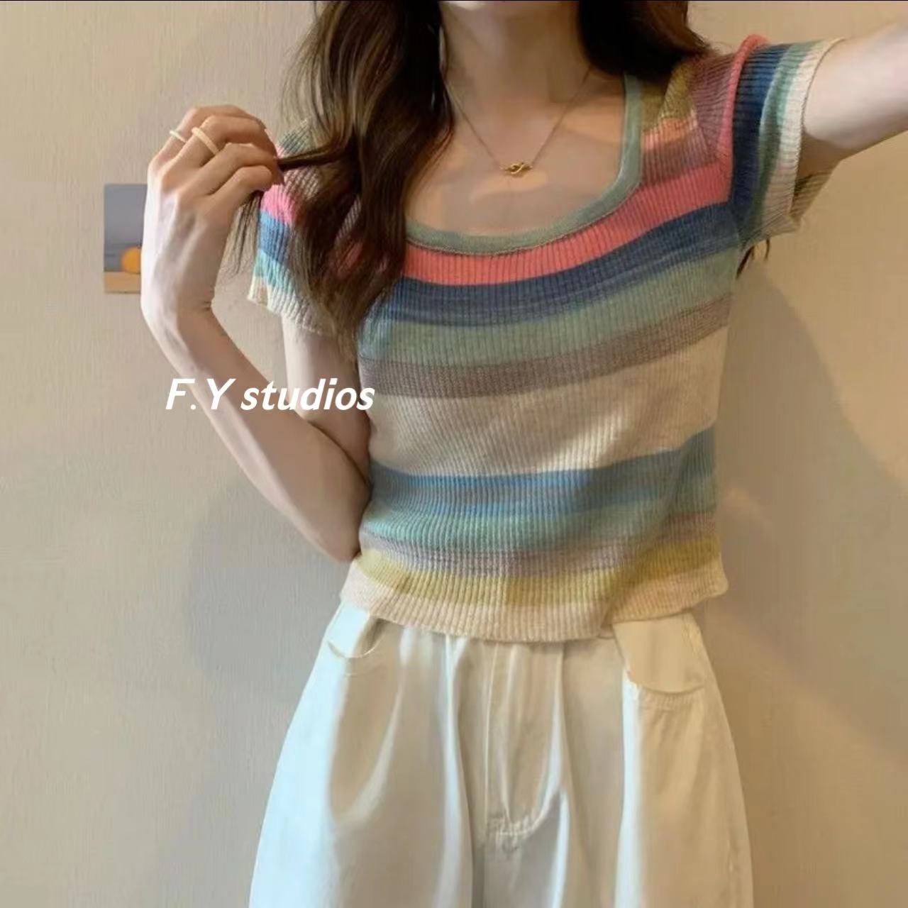 พร้อมส่ง‼️)????NO.196 เสื้อยืดแขนสั้น คอสี่เหลี่ยม