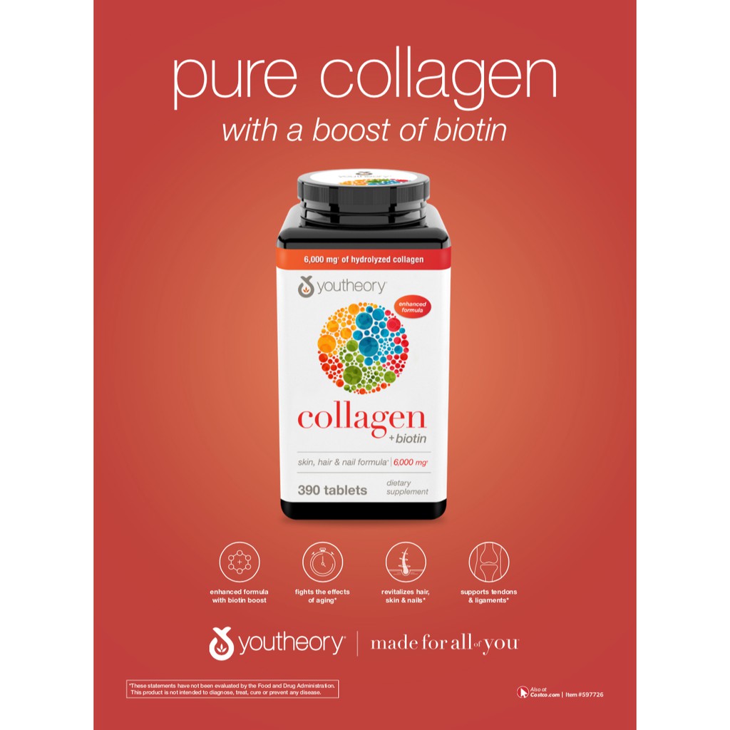 Youtheory Collagen Advanced Formula Type 1,2& 3/ 390 Tablets คอลลาเจน