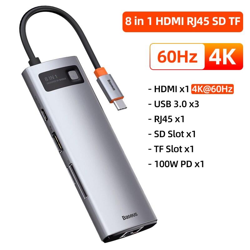 Baseus 4k 60hz usb c hub type c to hdmi-compatible rj45 pd100w usb 3.1 adapter splitter for macbook air pro laptop dock station