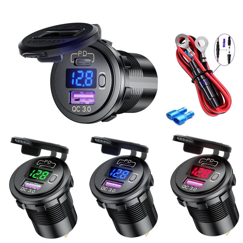 48W USB Type C Car Usb Charger Socket 12V/24V Dual USB Outlet PD3.0&QC3.0 Car Socket with LED Voltmeter and ON/Off Switch Fast C