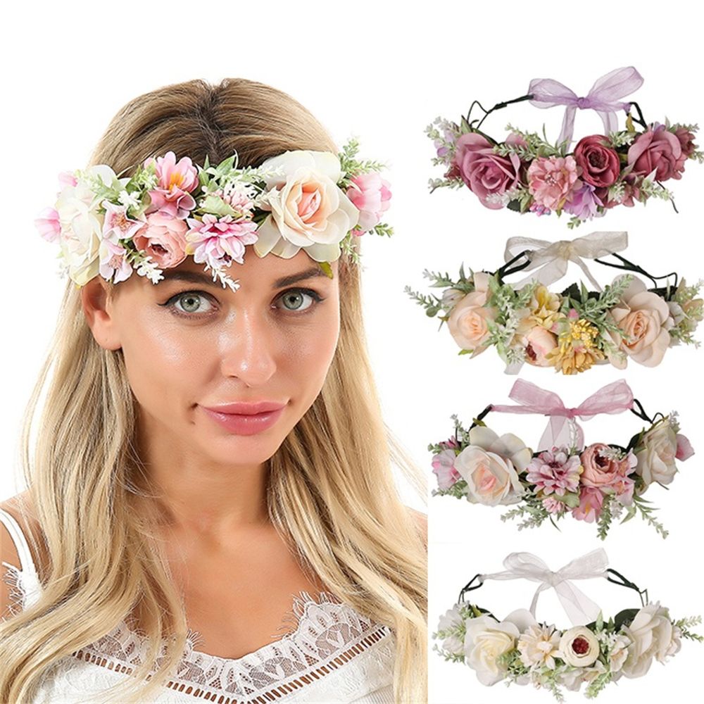Boho Flower Bow Tie Headband Hair Wreath Halo Floral Garland Crown For Festival Wedding 