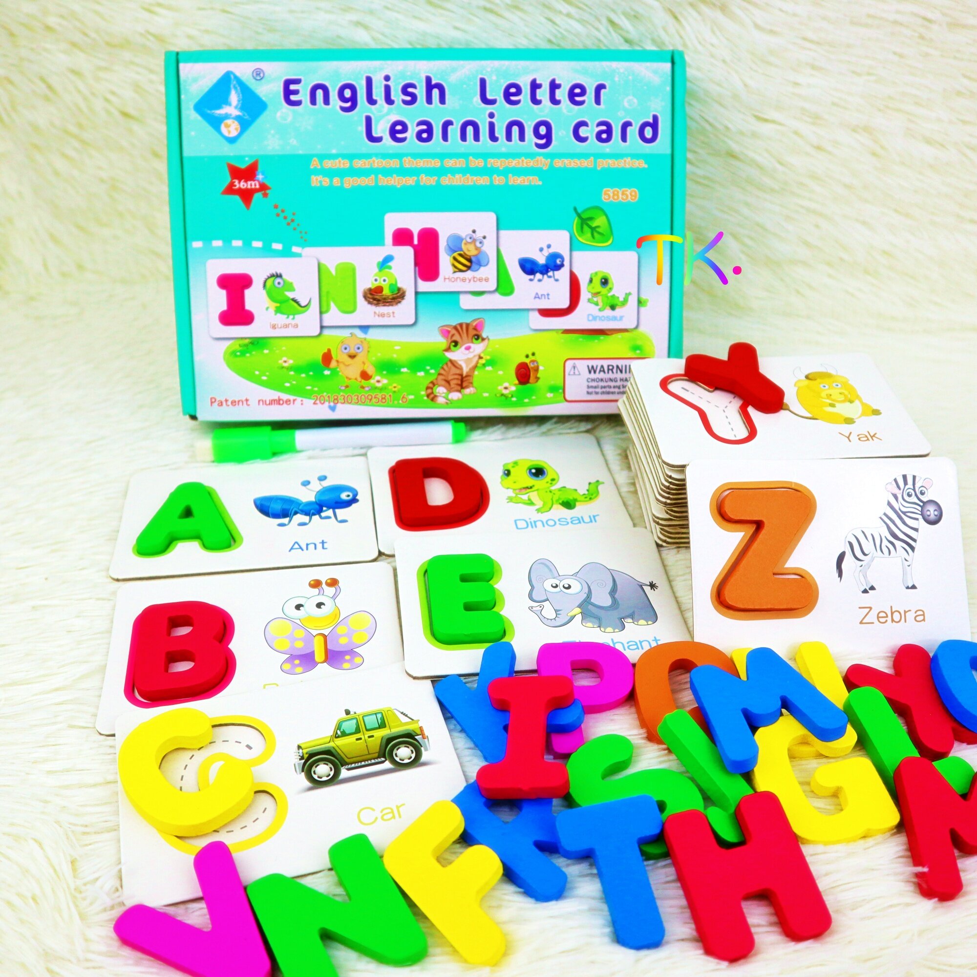 แฟลชการ์ดคำศัพท์ A-Z ตัวอักษรเป็นไม้ ฝึกเขียนภาษาอังกฤษ แถมปากกาเขียนลบได้ English Letter Learning Card Flash card บัตรคำศัพท์ ฝึกเขียนABC วางบล็อกไม้