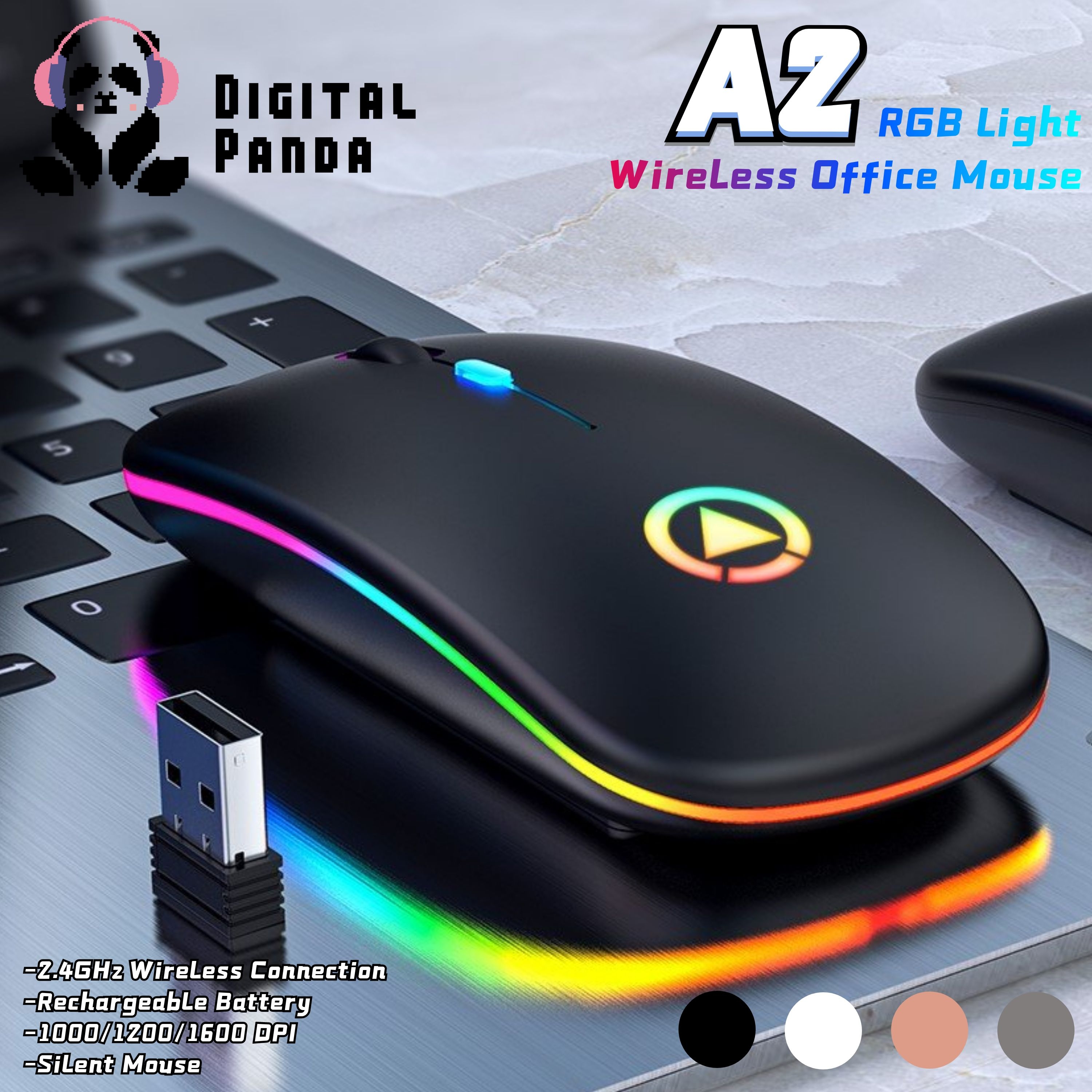 Digital Panda Model A2 เมาส์เก็บเสียง เงียบไร้เสียง Office 2.4GHz Wireless Silent Mouse RGB Backlight DPI 1000-1600