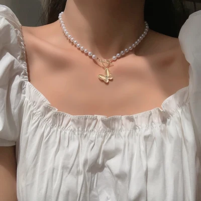UMKA 2021 New Fashion Vintage Kpop Pearl Butterfly Choker Necklace Cute Layer Chain Pendant For Women Jewelry Girl Gift
