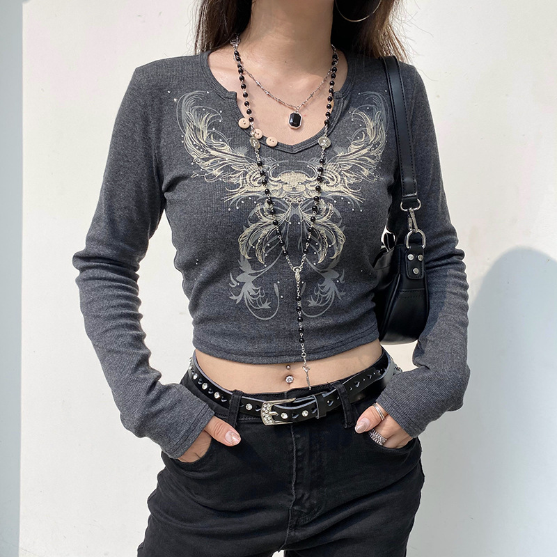 Y2k Crop Top Women Vintage Grunge Graphic Print Slim Fit Fairy Tees