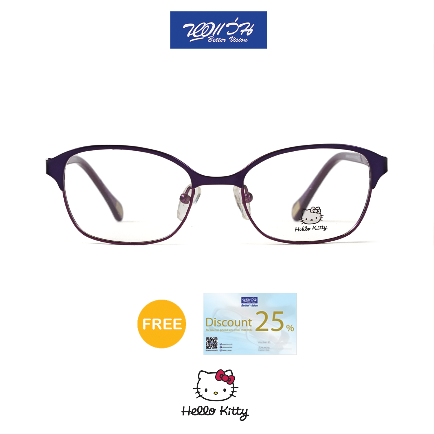 กรอบแว่นตา ฮัลโหล คิตตี้ HELLO KITTY Eye glasses แถมฟรีส่วนลดค่าตัดเลนส์ 25%  free 25% lens discount รุ่น FHOKMA035
