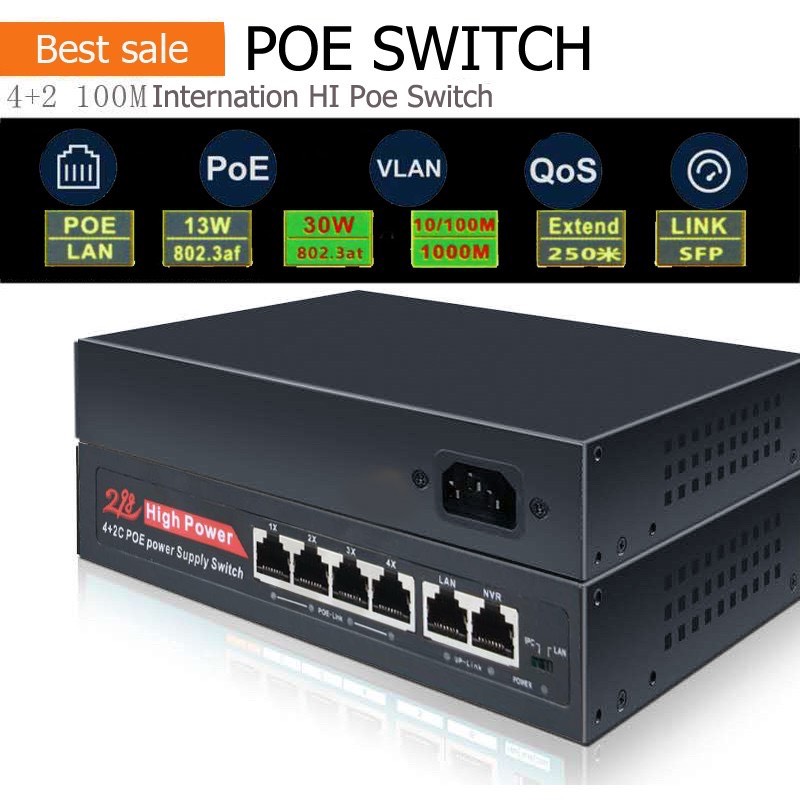 PoE Switch 4CH  4 ช่อง + 2 อัพลิงก์รุ่น S1 ระยะส่ง 250เมตร รองรับความเร็ว 10/100 Mbps พอร์ต Uplink 2ช่อง Poe Switch