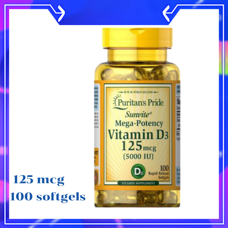 🇺🇸 Puritan's pride vitamin D3 ผลิตภัณฑ์เสริมวิตามินดี แคลเซียม และฟอสฟอรัส 125 mcg 5000 iu  100 softgels