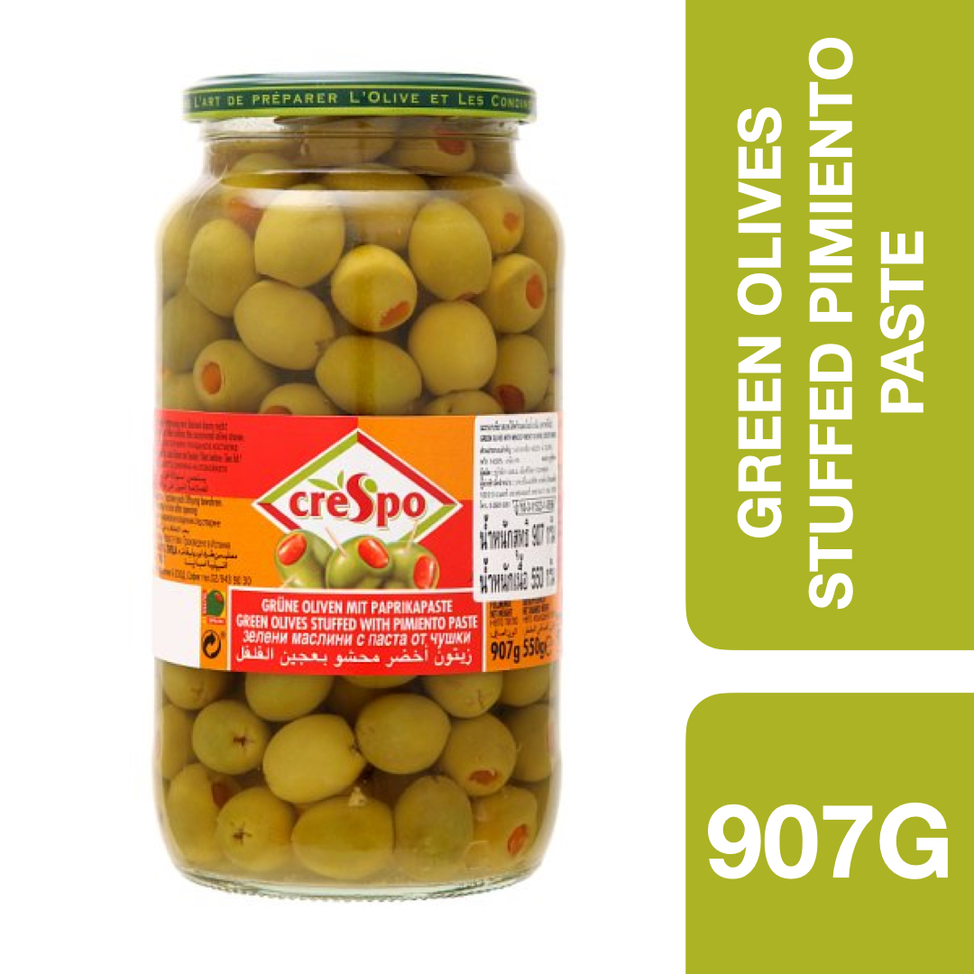 Crespo Green Olives Stuffed with Pimiento Paste 907g ++ คริสโป มะกอกเขียวสอดไส้พริกเผา 907g