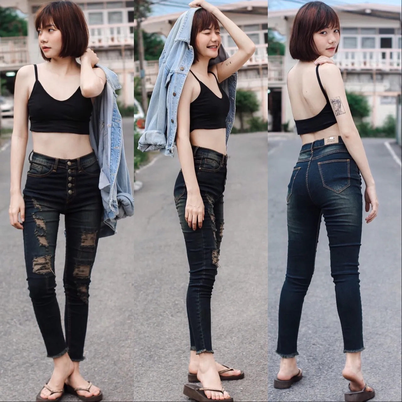 iFashion 071 [S-5XL] กางเกงยีนส์ผู้หญิงแฟชั่น เอวสูง กระดุม 5 เม็ด ผ้ายีนส์ยืด ปะ 2 จุด กางเกงผู้หญิง
