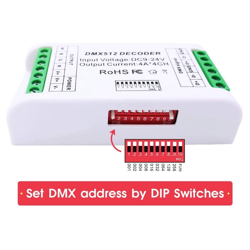 Mini 4 Channel DMX RGBW Decoder 16A RGB RGBW Strip Controller DMX 512 Dimmer Driver for LED Strip Lights DC9-24V