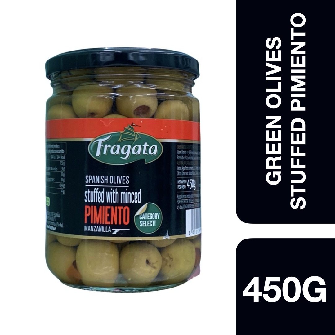 Fragata Spanish Olives Stuffed with Minced Pimiento 450g ++ `ฟรากาต้า มะกอกยัดไส้พริกพีเมียนโต 450 กรัม