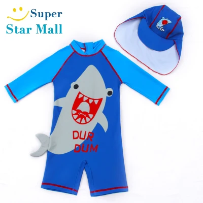 SuperMall 2pcs Boy Polyester One-piece Swimsuit Swimming Cap Suit Muslim Swimwear Suit For 2-7 Years Old