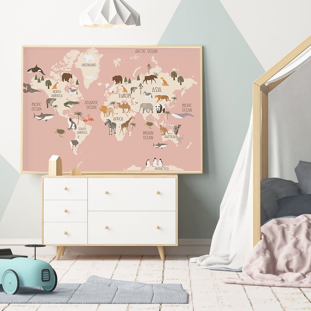 High quality perfect Animal World Map Nursery Wall Art Canvas Painting ...