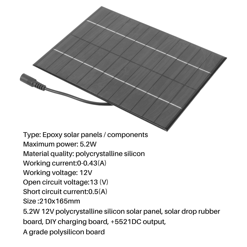 12V 5.2W Mini Solar Panel Polycrystalline Solar Cells Silicon Epoxy Solar DIY Module System Battery Charger + DC output