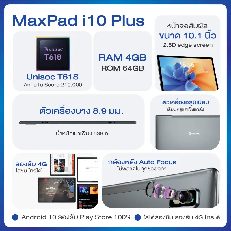 ภาพหน้าปกสินค้าพร้อมส่ง BMAX I10 Plus จอ 10.1 นิ้ว IPS FHD 1920x1200 Tablet PC หน้าจอ Octa Core T618 4GB RAM 64GB ROM ประกันไทย 1 ปี จากร้าน Bmax Official Store บน Lazada