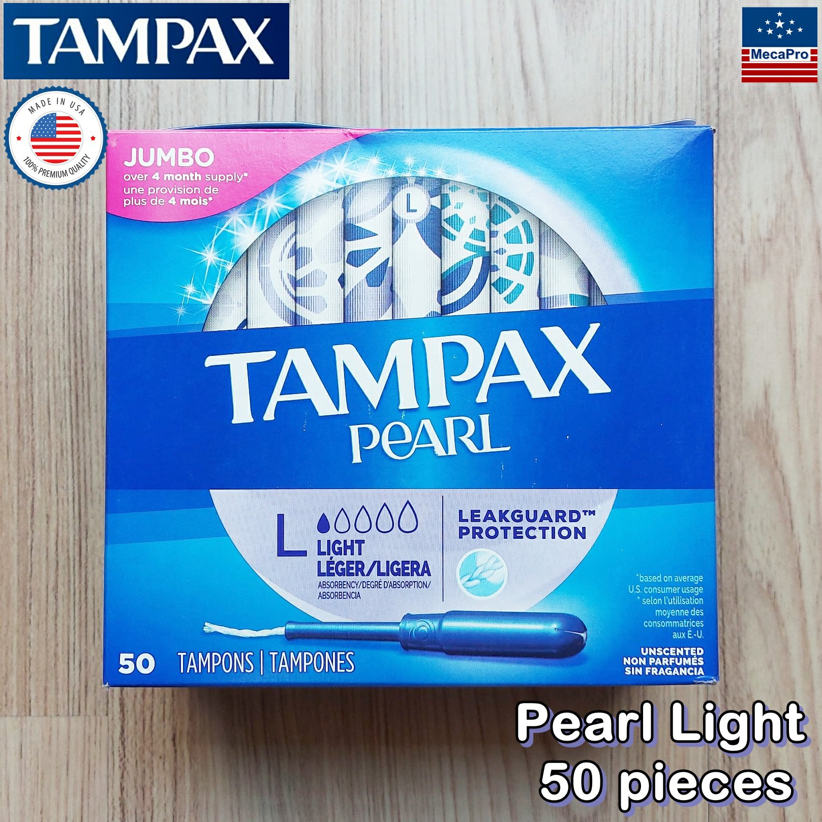 Tampax® Pearl Light Plastic Tampons Unscented 50 pieces ผ้าอนามัยแบบสอด 50 ชิ้น เหมาะกับวันมาน้อย สูตรไร้กลิ่น