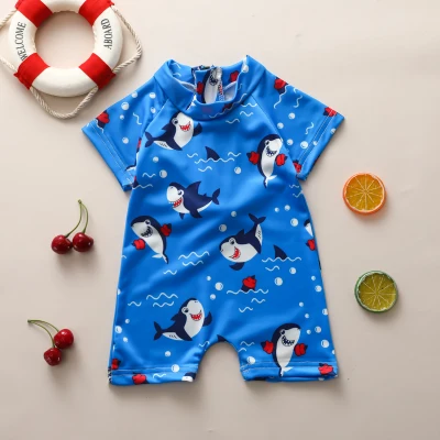 [monikse] Summer Baby Swimwear 0-3Y Infant Baby Boys One Piece Swimwear Cartoon Animal Print Short Sleeve Zipper Blue Beachwears