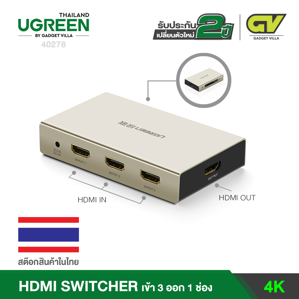 UGREEN กล่องสวิตช์ช่องสัญญาณภาพ HDMI เข้า 3 ช่องออก 1 ช่องสัญญาณ HDMI Switch 4K x 2K 3 Port 3 In 1 HDMI Splitter Switcher Box รุ่น 40278 with Supports 3D สำหรับ HDTVs, Blu-ray Players, Xbox 360,PS3/PS4 Game, Apple TV HDMI Devices