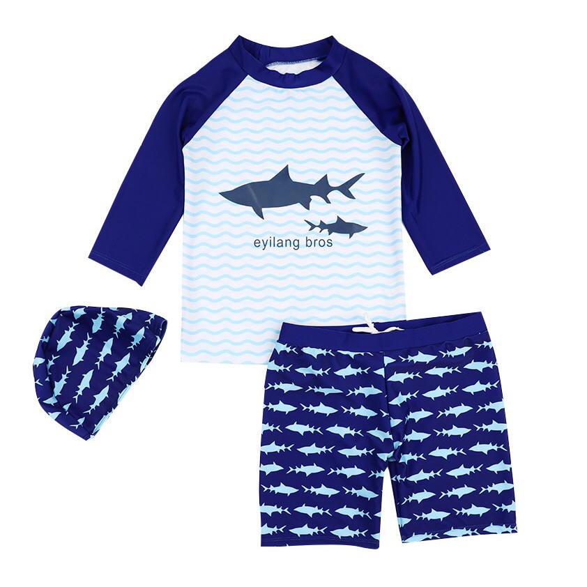 Babyonline(Y104)B5ชุดว่ายน้ำสำหรับเด็กทุกเพศลายปลาฉลาม1ชุด3ชิ้นเสื้อ/กางเกง/หมวก