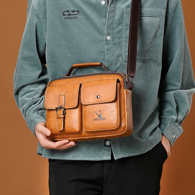 Men PU Leather Magnetic Buckle Breathable Backpack Retro Casual Adjustable Shoulder Strap 14 Inch Laptop Bag