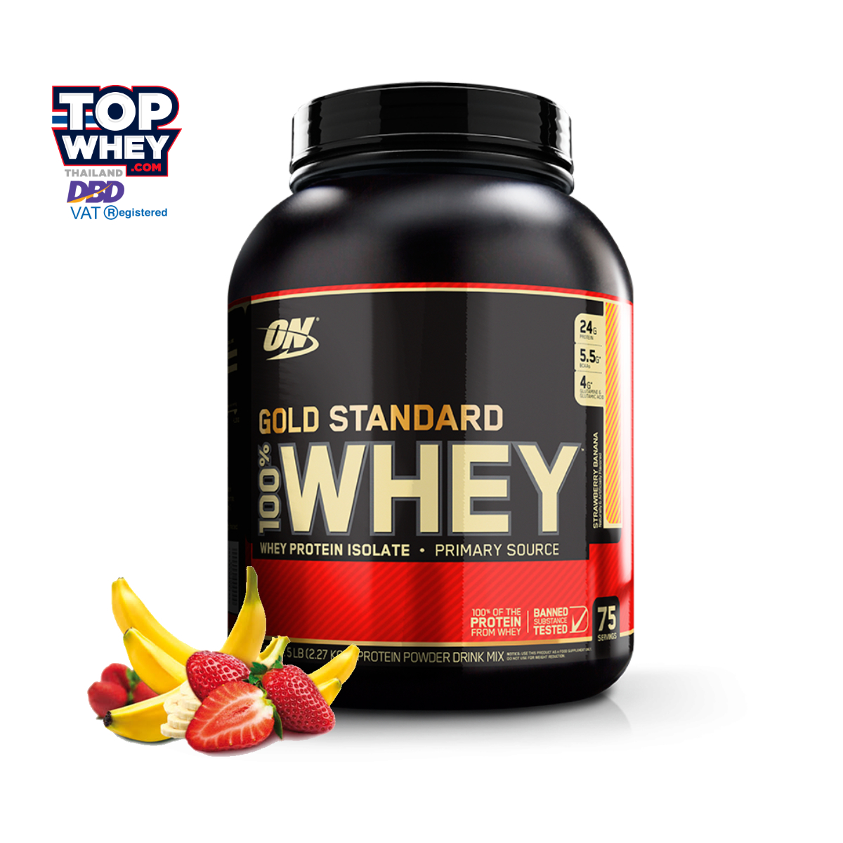 Optimum Nutrition Gold Standard 100% Whey Protein 5lbs - Strawberry Banana – เวย์โปรตีนไอโซเลต  มีส่วนผสมของ แอล กลูตามีน และบีซีเอเอ   เวย์โปรตีนคุณภาพสูงเสริมสร้างกล้ามเนื้อ  ฟื้นฟู-ซ่อมแซมกล้ามเนื้อ