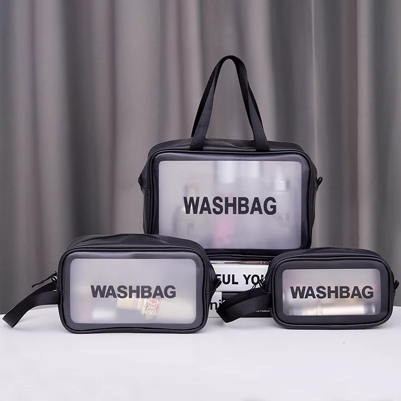 WASHBAG size M ผู้หญิงกระเป๋ากันน้ำแบบพกพาMatteตัวอักษรรูปแบบZipperแต่งหน้ากระเป๋าสำหรับเดินทางธุรกิจท่องเที่ยว