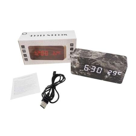 นาฬิกาปลุกดิจิตอล นาฬิกาปลุก Wooden Clock นาฬิกาตั้งโต๊ะ ลายหินอ่อน นาฬิกาปลุกดิจิตอลตั้งโต๊ะ นาฬิกาดิจิตอล [ดำ]