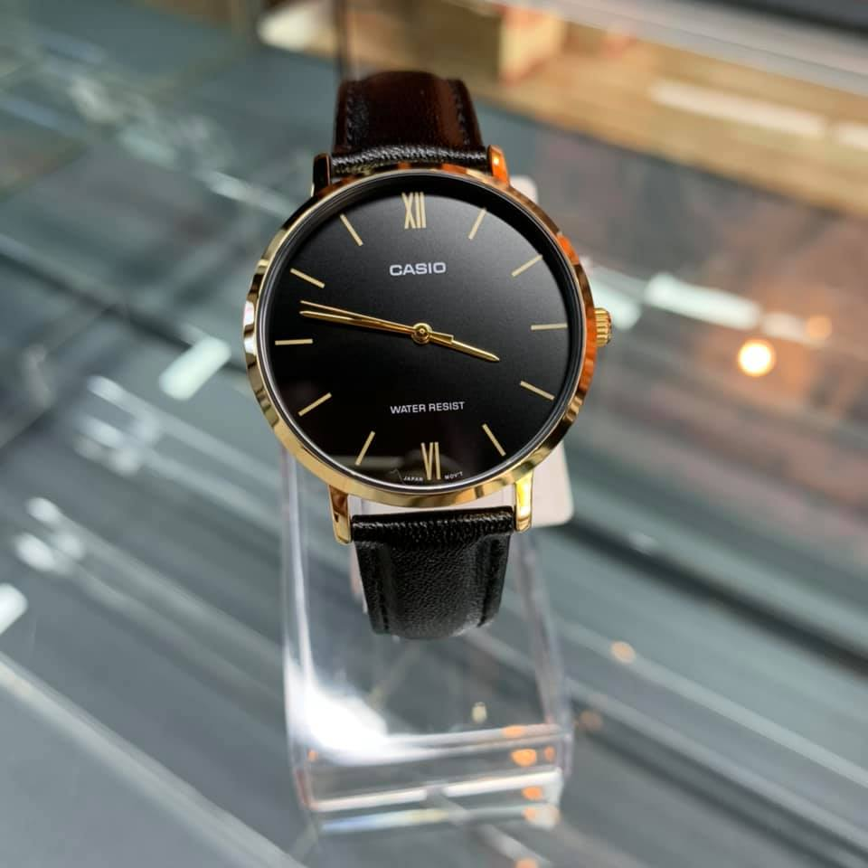 นาฬิกา Casio รุ่น LTP-VT01GL-1B นาฬิกาผู้หญิง สายหนังสีดำ ขอบหน้าปัดทอง ของแท้ 100% รับประกันสินค้า 1 ปีเต็ม