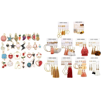63 Pairs Colorful Earrings and Tassel with Alloy Drop Oil Jewelry Pendant 30 Drop Oil Alloy Pendant Set Clothes