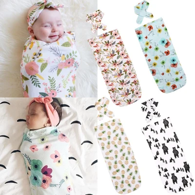 Emmababy 2Pcs/Set Newborn Infant Fashion Baby Swaddle Blanket Baby Cotton Floral Sleeping Swaddle Muslin Wrap Headband