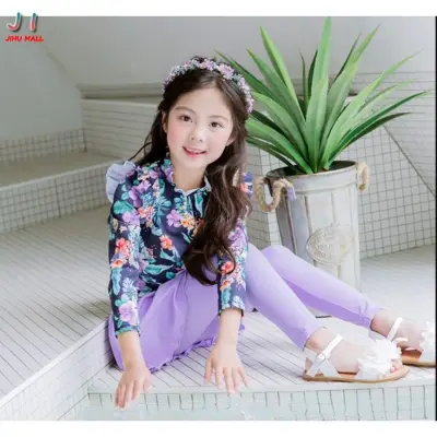 (Spot hot sale)Jihu3 Pieces Girls Swimwear Purple Kids Swimming Suit Long Sleeve Floral Beach Wear