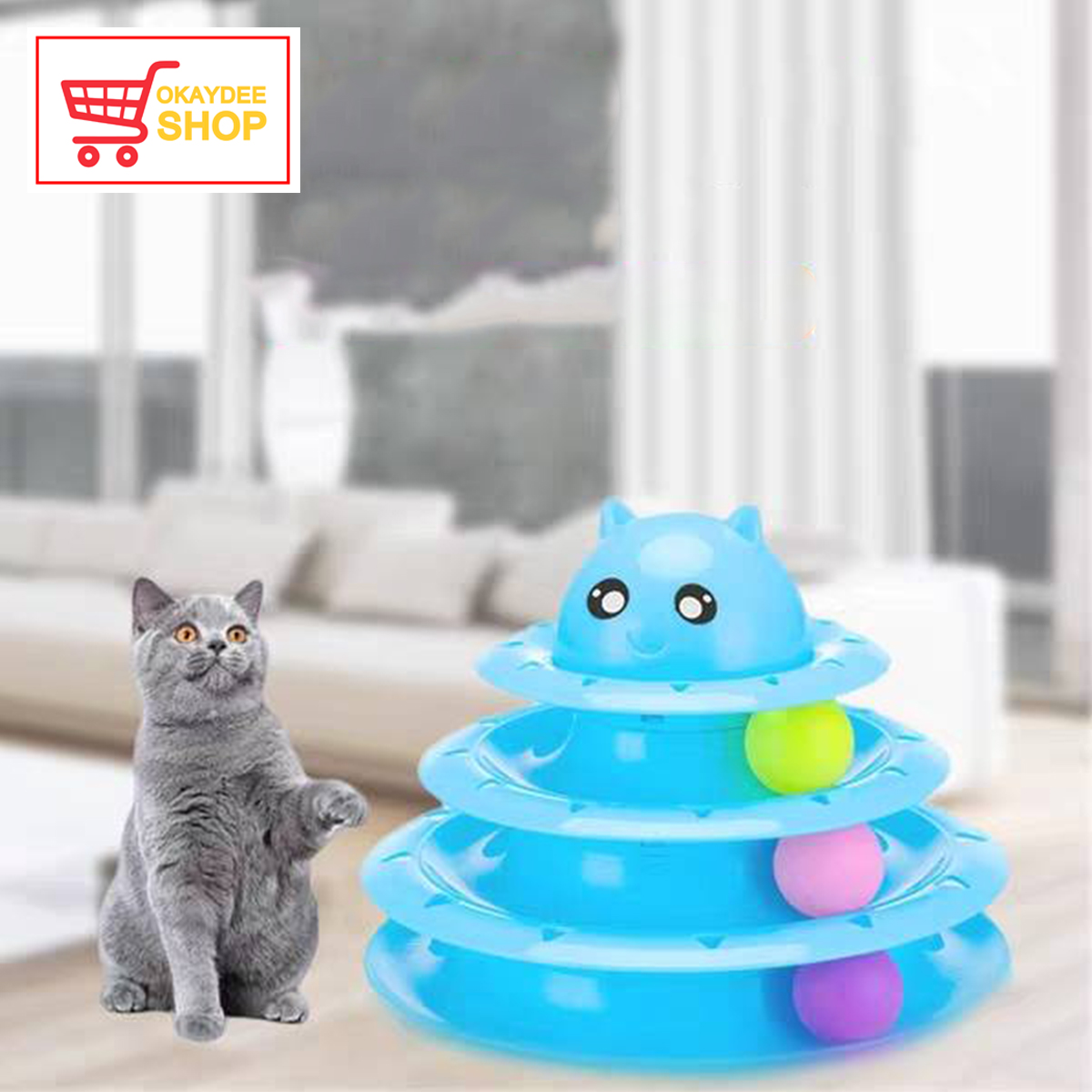 ชุดของเล่นสำหรับแมวรางบอล3ชั้นพร้อมลูกบอลคละสี