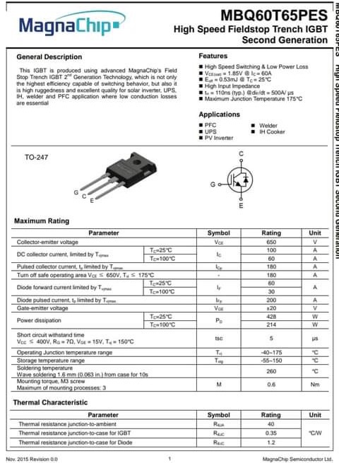 1ชิ้น 60T65PES MAGNA CHIP 60A 650V อะไหล่อิเล็กทรอนิกส์ อุปกรณ์ ...