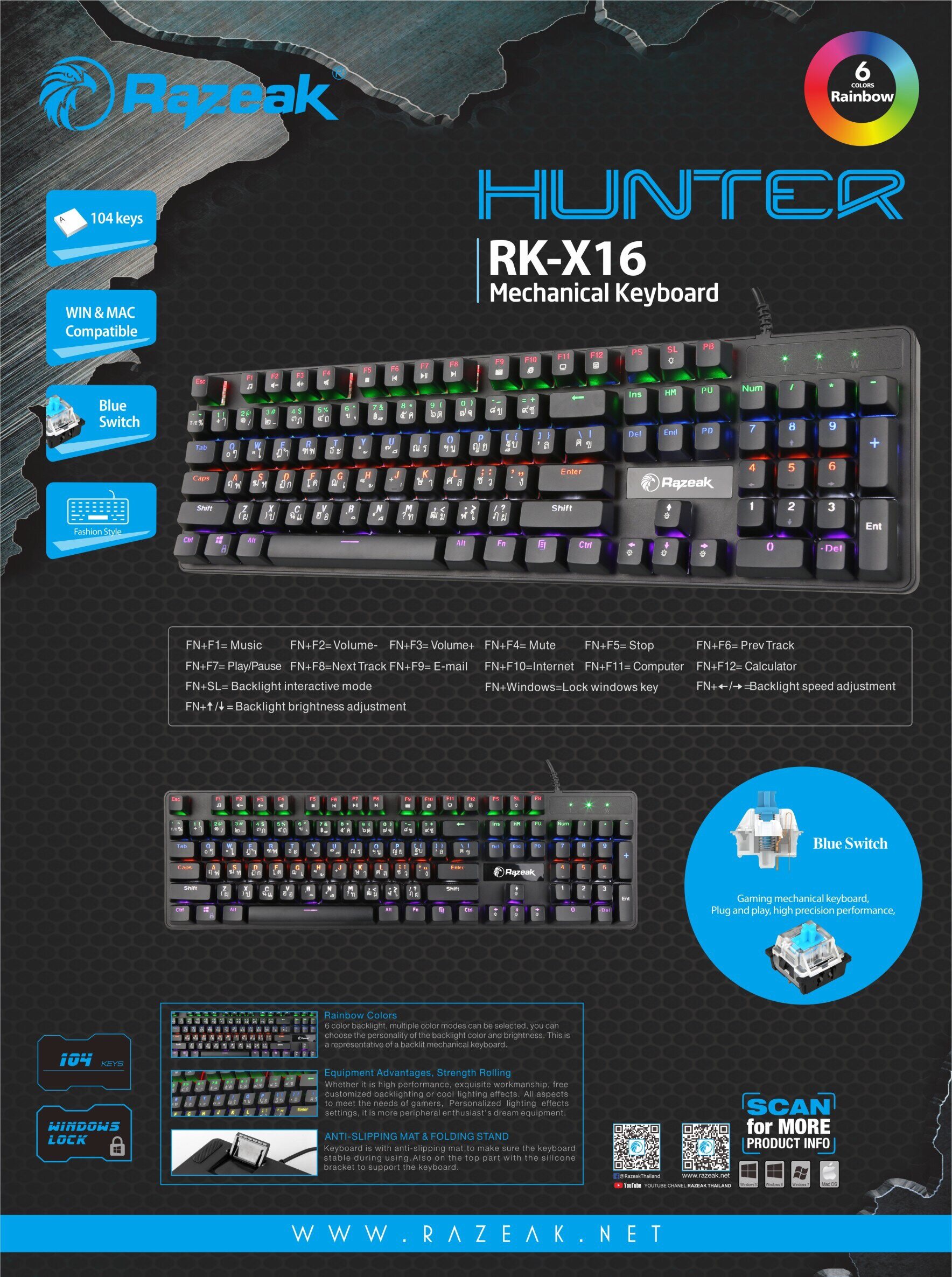 Razeak RK-X16 คีย์บอร์ดสำหรับเกม Hunter Semi Blue Switch Mechanical Gaming