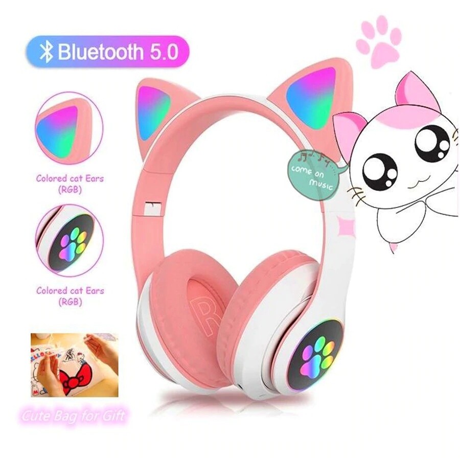 หูฟังบูลทูธ Flash Light Cute Cat Wireless Bluetooth Headphone Headsets with Mic Can control LED Kid Girl Stereo Bass Music Helmet Phone Headset Bluetooth Wireless Earphone Earbuds หูฟังบลูทูธ หูฟังไร้สาย หูฟังครอบหู หูฟังออนเอียร์ หูฟังพร้อมไมค์