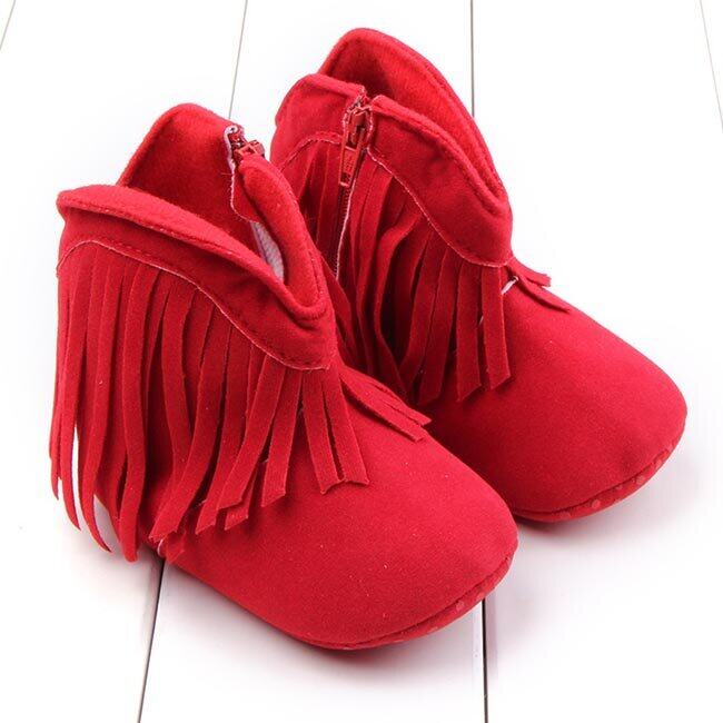 รองเท้าบูทเด็กผู้หญิง ติดระบายพริ้ว ขอบโค้ง สีแดง