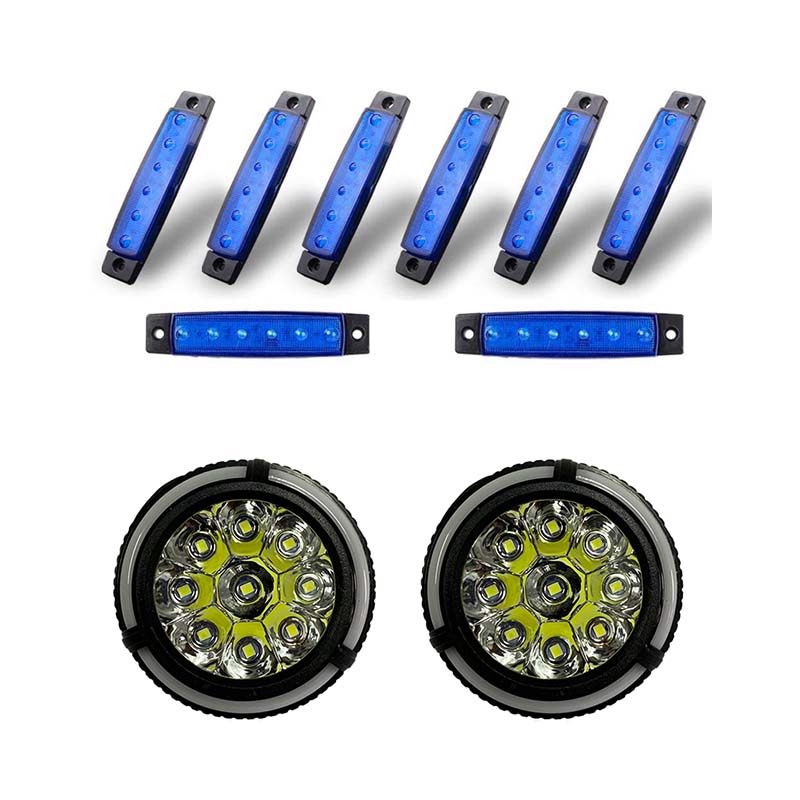 8Pcs Led Rock Lights, Strip Lights, (Blue) & 2x Motorcycle 9 LED 12V Headlight Fog Driving Lights Front Head Light