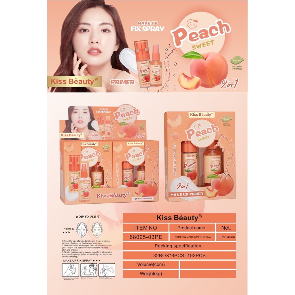 No.68095  KISS  BEAUTY 2In1 Makeup Fix Spray Peach Sweet  เซ็ตไพรเมอร์ลูกพีช+ สเปร์ยน้ำแร่ล็อคเครื่องสำอางค์  กลิ่นหอม