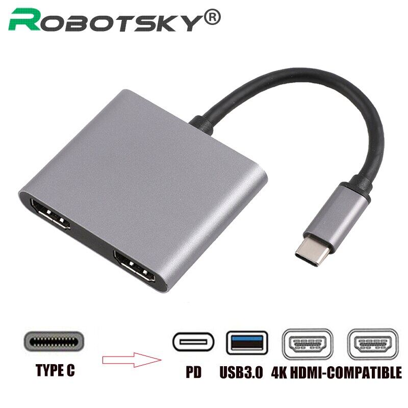 4K HD USB Type C เป็นคู่ HDMI 87W PD USB 3.0 HUB แสดงผลหน้าจอคู่ USB C HDMI แปลงวิดีโอเสียง