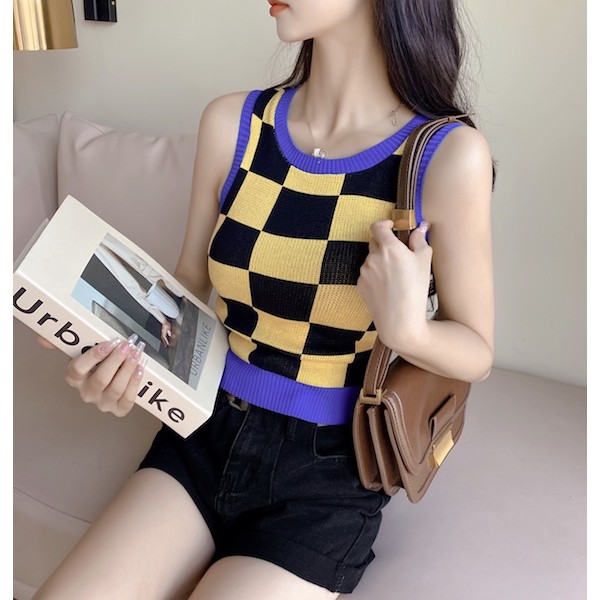 (2545)เสื้อครอปแขนกุดไหมพรมknit ทอลายตารางสลับสี สไตล์ฮิปสเตอร์สุดชิค ...