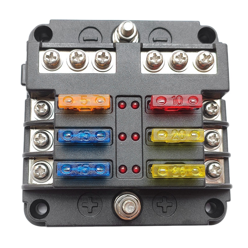 6-Way Fuse Box with Negative LED Lampfor Auto, RV, Car, Boat, Marine, Truck Waterproof Fuse