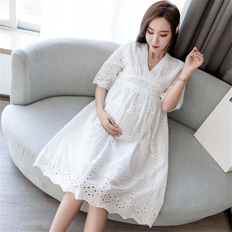 Bodycon V Neckline Lace Maternity Dress - White