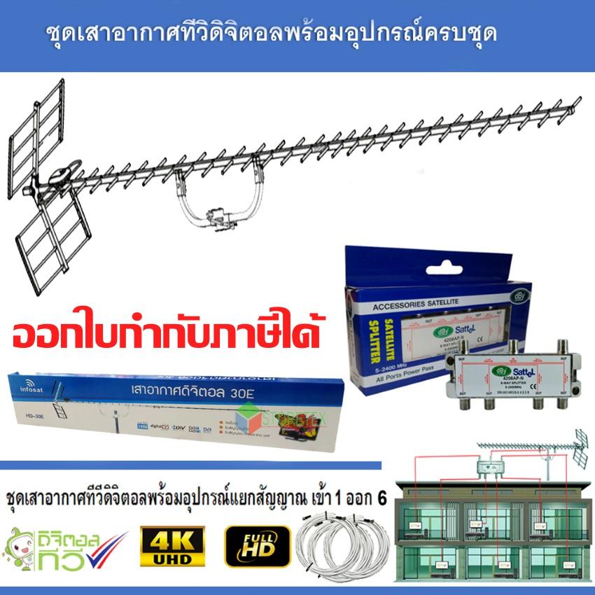 ชุดเสาอากาศทีวีดิจิตอล infosat 30E พร้อมติดตั้ง 6 จุด + 1 x 6 Satellite Splitter