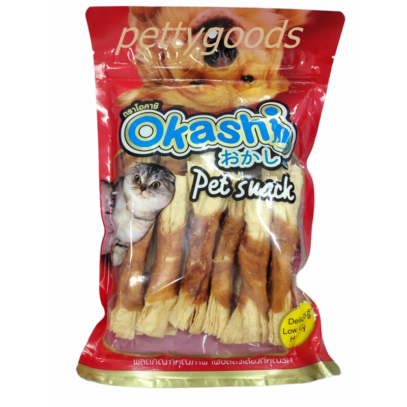 Okashi Chick Fish Fuzz ขนมสุนัข โอคาชิ ไก่พันปลาเส้นใหญ่ 300 กรัม ไม่เค็ม ไก่พันปลาเส้น 20 ชิ้น Dog Cat Snack โปรตีนสูง มัประโยชน์