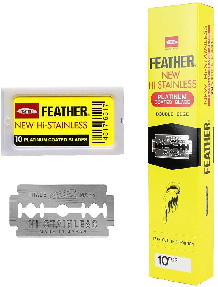 ใบมีดโกน ใบมีดโกนขนนก กล่องเหลือง Feather Platinum Coated 20 กล่องเล็ก 100 ใบ