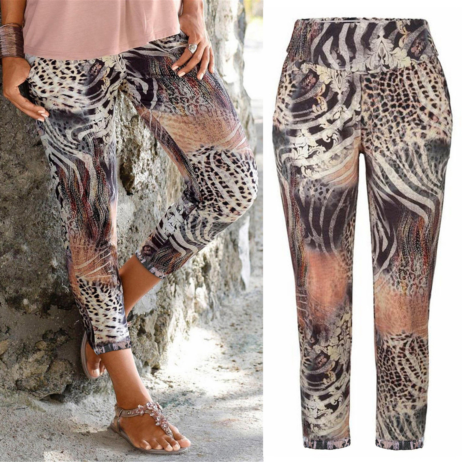 YUEYUR MALL ผู้หญิงเอวสูงพิมพ์กางเกงขายาวง่าย ๆ กางเกงขายาว Boho Beach Pockets กางเกง