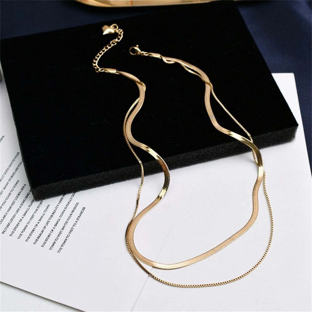 QIEPING Flat Solid Versatile Curb Link Korean Snake Bone Chain Clavicle Chain 18K Gold Plated Double Layered Necklace